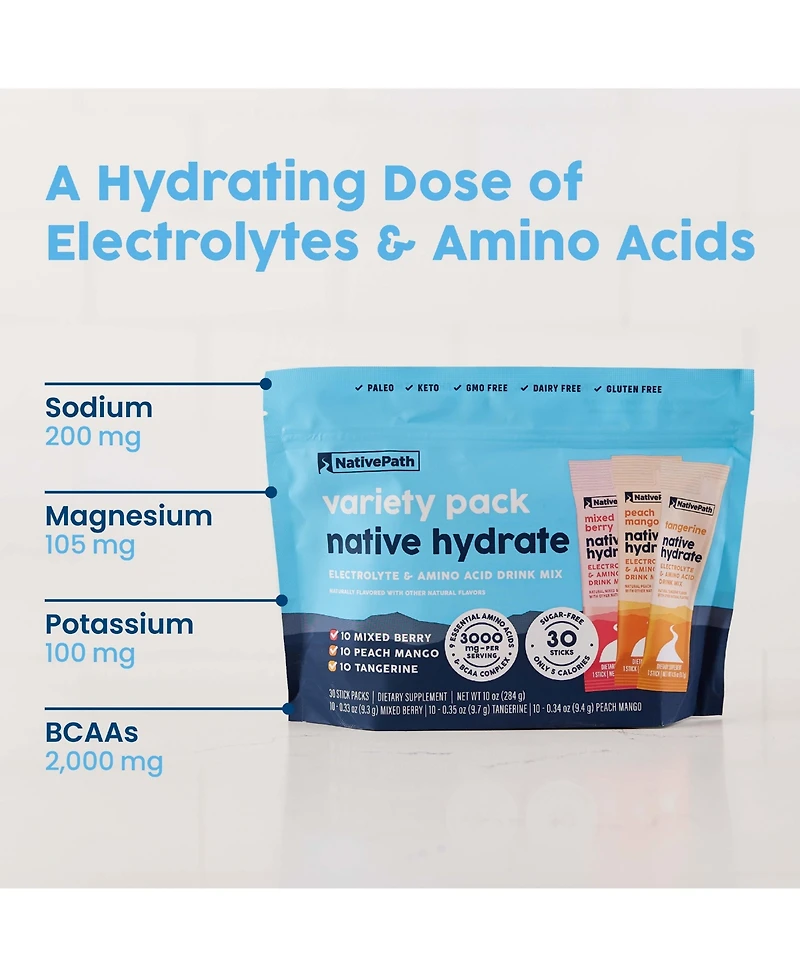 NativePath Native Hydrate Stick Packs with Electrolytes and Amino Acids, Variety Pack, Mixed Berry, Peach Mango, Tangerine, 30 Servings