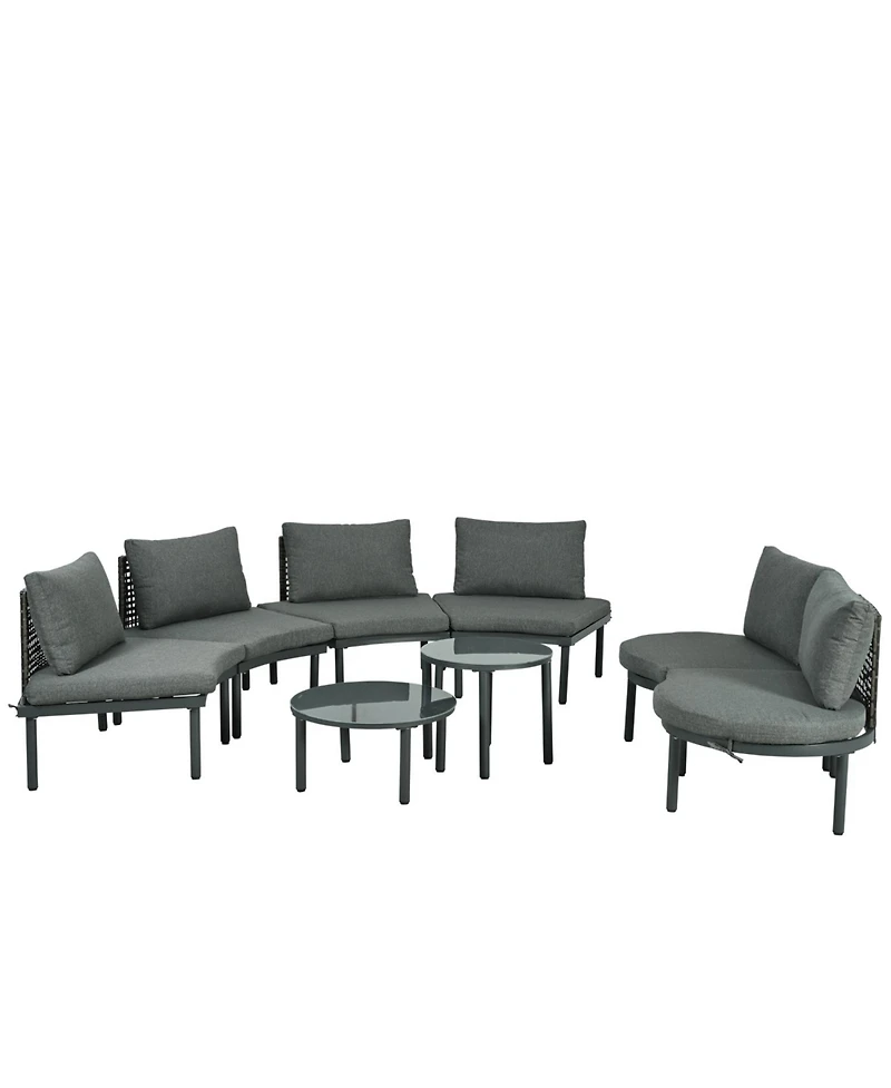 8-Pc Patio Sofa Set, Half-Moon Sectional, 2 Tables, Cushions, Pillows, Gray