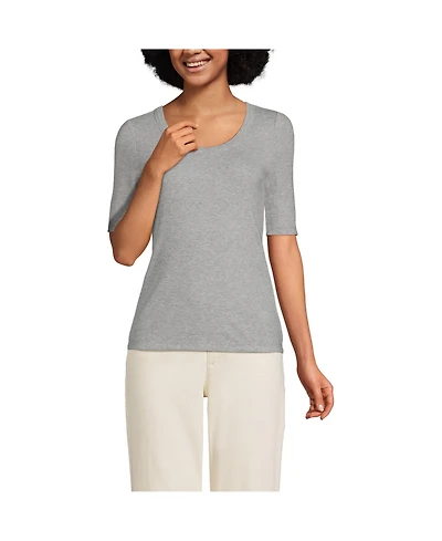 Lands' End Women's Drapey Rib Fitted Elbow Sleeve Scoop Neck Tee