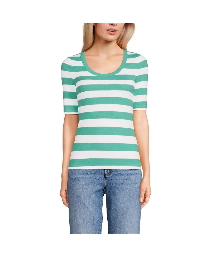 Lands' End Women's Drapey Rib Fitted Elbow Sleeve Scoop Neck Tee