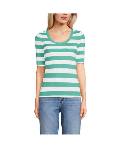 Lands' End Women's Drapey Rib Fitted Elbow Sleeve Scoop Neck Tee