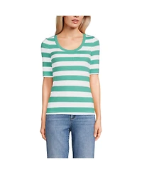 Lands' End Women's Drapey Rib Fitted Elbow Sleeve Scoop Neck Tee