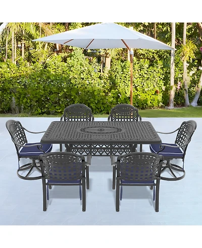 Streamdale 7-Piece Cast Aluminum Dining Set, 2 Swivel, 4 Chairs, Rectangular Table, Black Frame