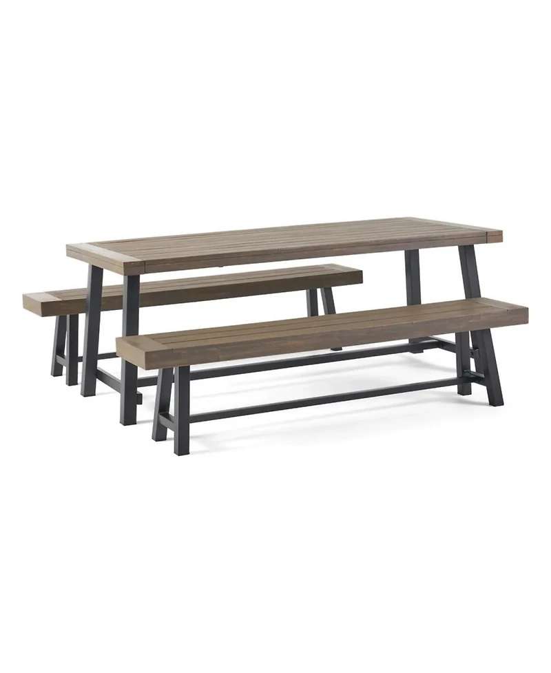 Streamdale Outdoor Acacia Wood 3 Piece Picnic Dining Set, Gray and Rustic Metal