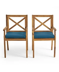 Streamdale Blue Cushion Patio Chairs - Wood Arm Dining Set (Set of 2)