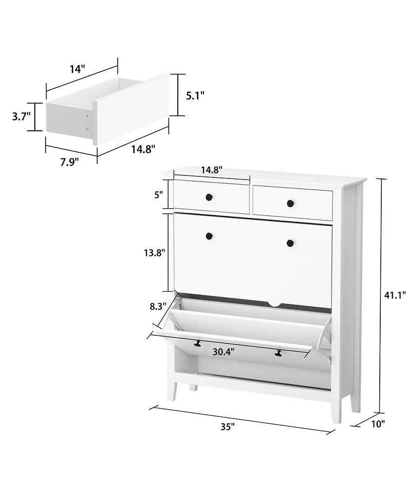 White 4-door shoe cabinet with two adjustable drawers,wooden shoe rack with leg