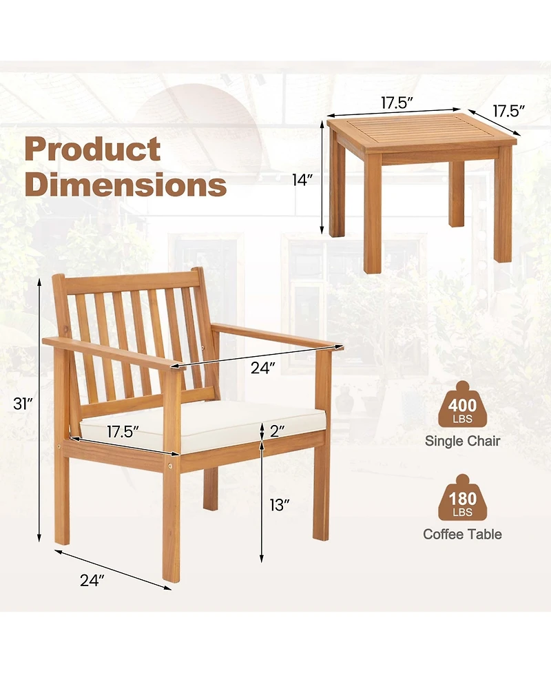 3 Pcs Patio Wood Furniture Set Acacia Wood Chairs & Coffee Table with soft Cushions