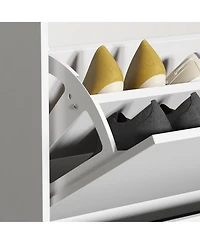 4-tier chest of drawers with metal handles and a side cabinet, white wooden shoe rack with adjustable partitions, mirrored doors