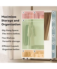 Closet Racks on Wheels with Mirror and 10 Shelves, Movable