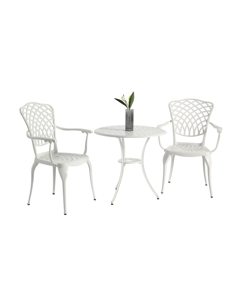 Streamdale 3-Piece White Patio Bistro Set, Cast Aluminum Table & 2 Chairs, Umbrella Hole