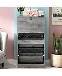 Wooden 3-door natural shoe cabinet, shutter door drawers, multi-purpose rack with adjustable shelves