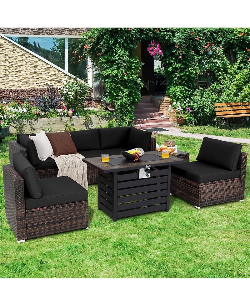 Gymax 7PCS Patio Rattan Furniture Set 42'' Fire Pit Table w/ Cover Cushioned