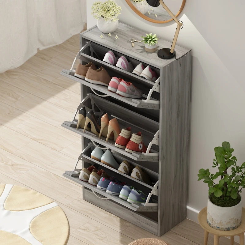 Wooden 3-door shoe cabinet, shutter door drawers