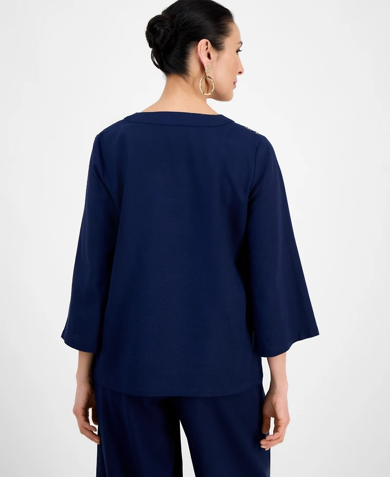 Jm Collection Women's Linen Blend Embroidered-v-Neck Top, Exclusively at Macy's