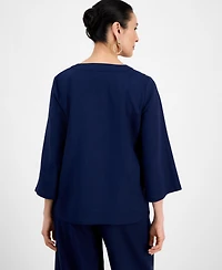 Jm Collection Women's Linen Blend Embroidered-v-Neck Top, Exclusively at Macy's