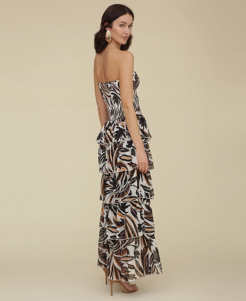 Avec Les Filles Women's Printed Smocked-Bodice Ruffle-Tiered Maxi Dress