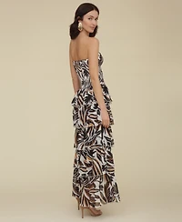 Avec Les Filles Women's Printed Smocked-Bodice Ruffle-Tiered Maxi Dress