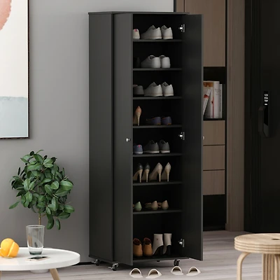 2-door shoe cabinet with Adjustable shelves, versatile storage, sturdy and durable, universal wheel design, four wheels, two brakes,black ra