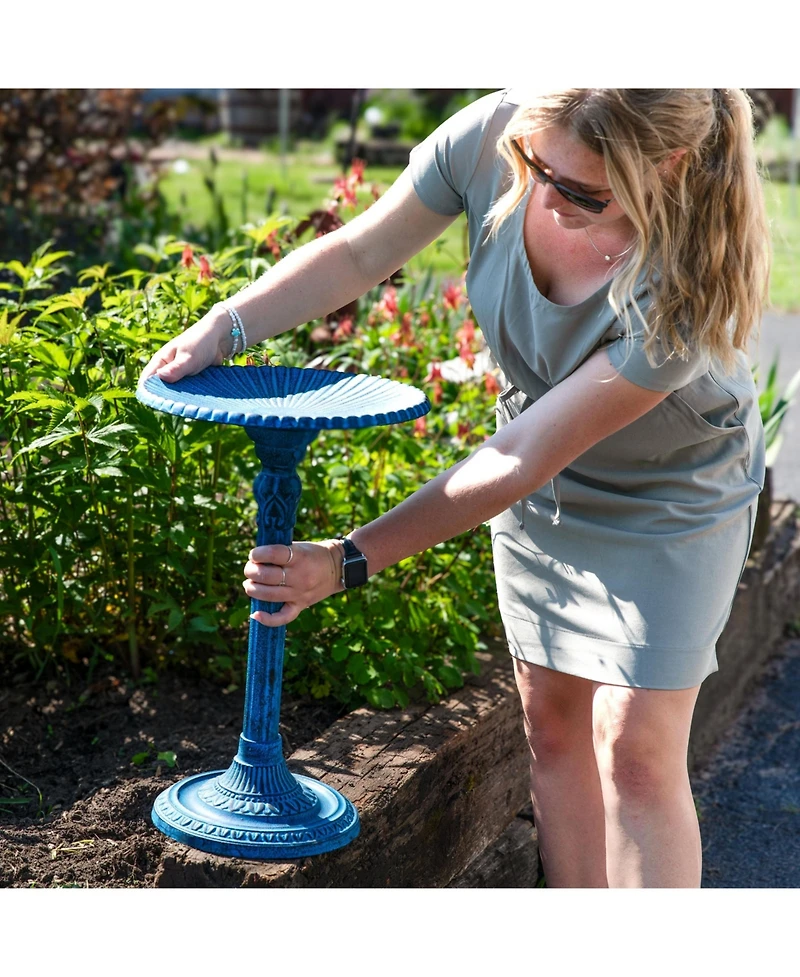 Art Deco Sunburst Cast Aluminum Metal Bird Bath - Blue Patina - 14"