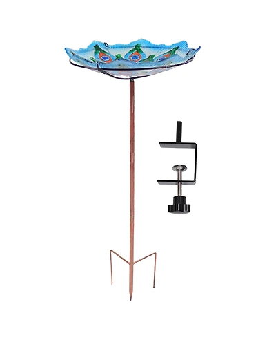 Exquisite Feathers Deck-Mounted/Staked Glass Bird Bath - 11” Diameter - Turquoise