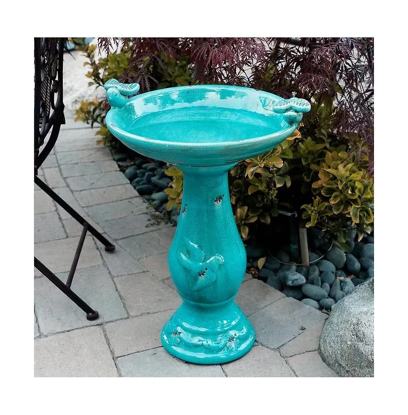 Outdoor Turquoise Ceramic Birdbath for Garden and Patio Decor