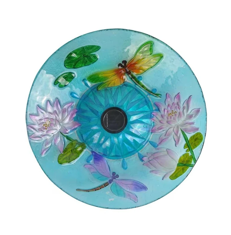 Outdoor Glass Bowl Bird Bath with Metal Stand and Solar Powered Light