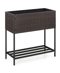 Wicker Raised Garden Bed with Storage Shelf and Removable Liner for Flowers