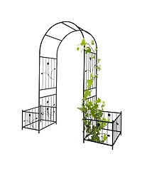 Metal Garden Arch with two plant stands 79.5'' Wide x 86.6'' High Climbing Plants Support Rose Arch Outdoor Black