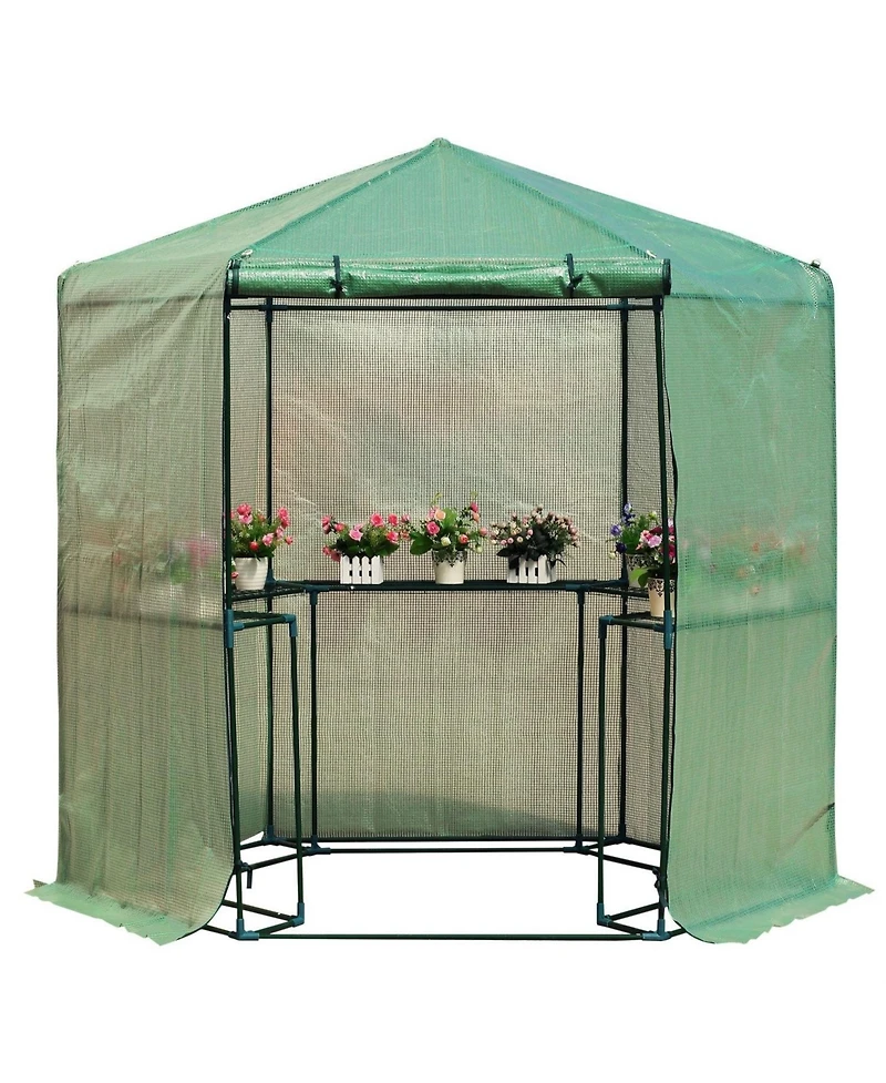 Outdoor Hexagon Greenhouse 6.5 x 7 Ft with Steel Frame Pe Cover and Shelves