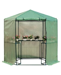 Outdoor Hexagon Greenhouse 6.5 x 7 Ft with Steel Frame Pe Cover and Shelves