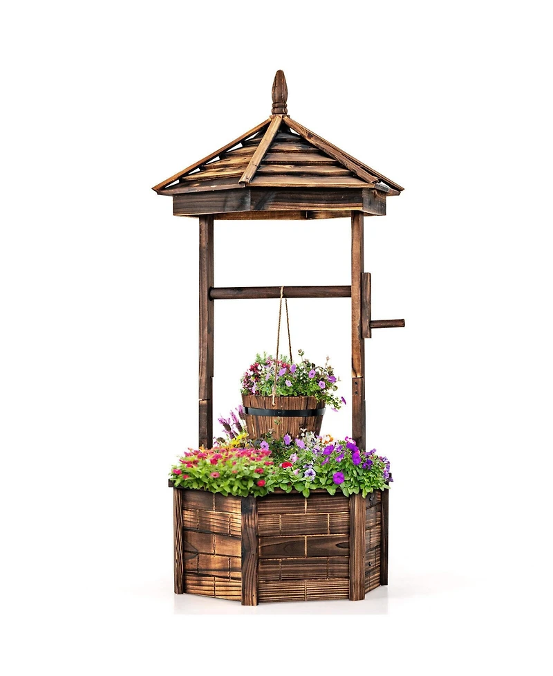 Rustic Wooden Wishing Well with Adjustable Hanging Bucket