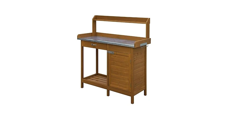 Outdoor Home Garden Potting Bench with Metal Table Top and Storage Cabinet
