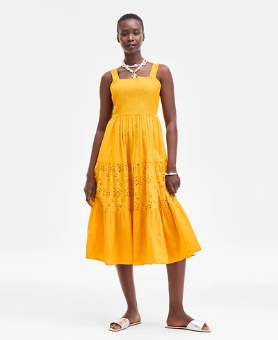 On 34th Women's Smocked Embroidered Eyelet Midi Dress, Exclusively at Macy's