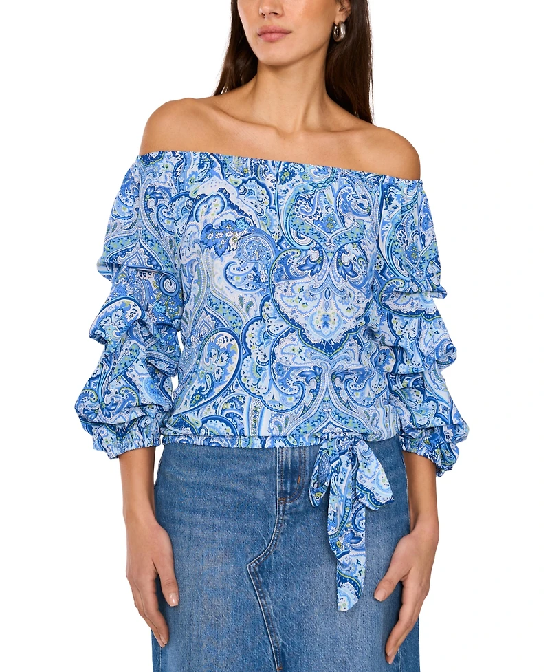 Vince Camuto Women's Printed Off-The-Shoulder Bubble 3/4-Sleeve Tie-Front Blouse