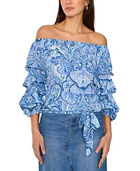 Vince Camuto Women's Printed Off-The-Shoulder Bubble 3/4-Sleeve Tie-Front Blouse