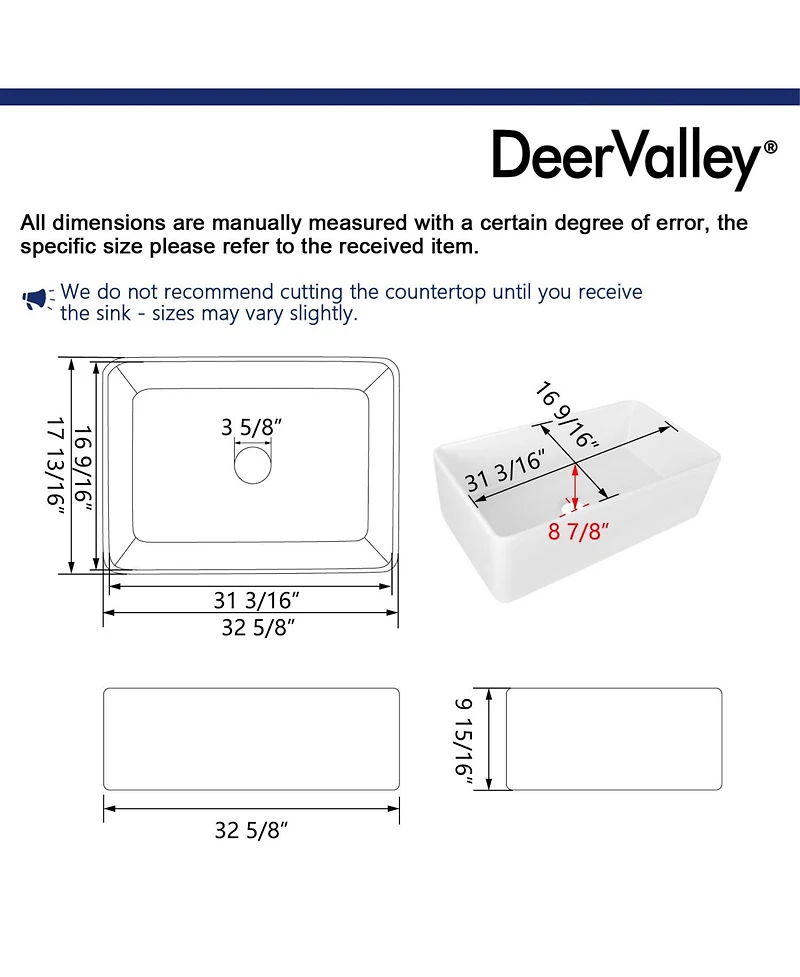 DeerValley 32" x 18" Drop-in Single Bowl 304 Stainless Steel Polished Black Kitchen Sink Workstation with Accessories