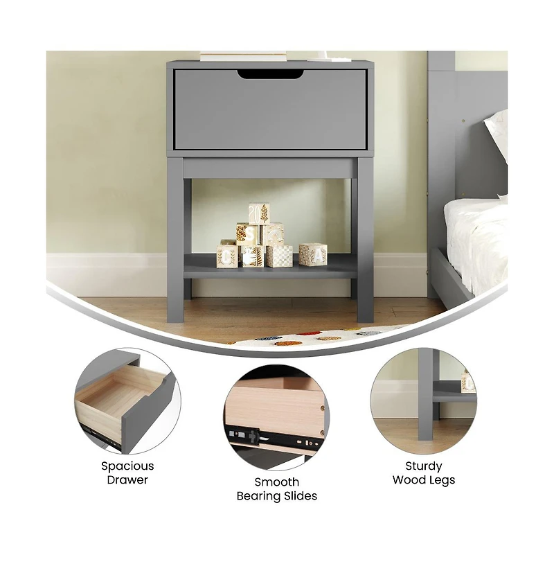 Samuel Kids Single-Drawer Night Stand With Solid Wood Frame, Side Table For Bedroom Open Shelf