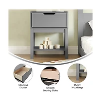 Samuel Kids Single-Drawer Night Stand With Solid Wood Frame, Side Table For Bedroom Open Shelf