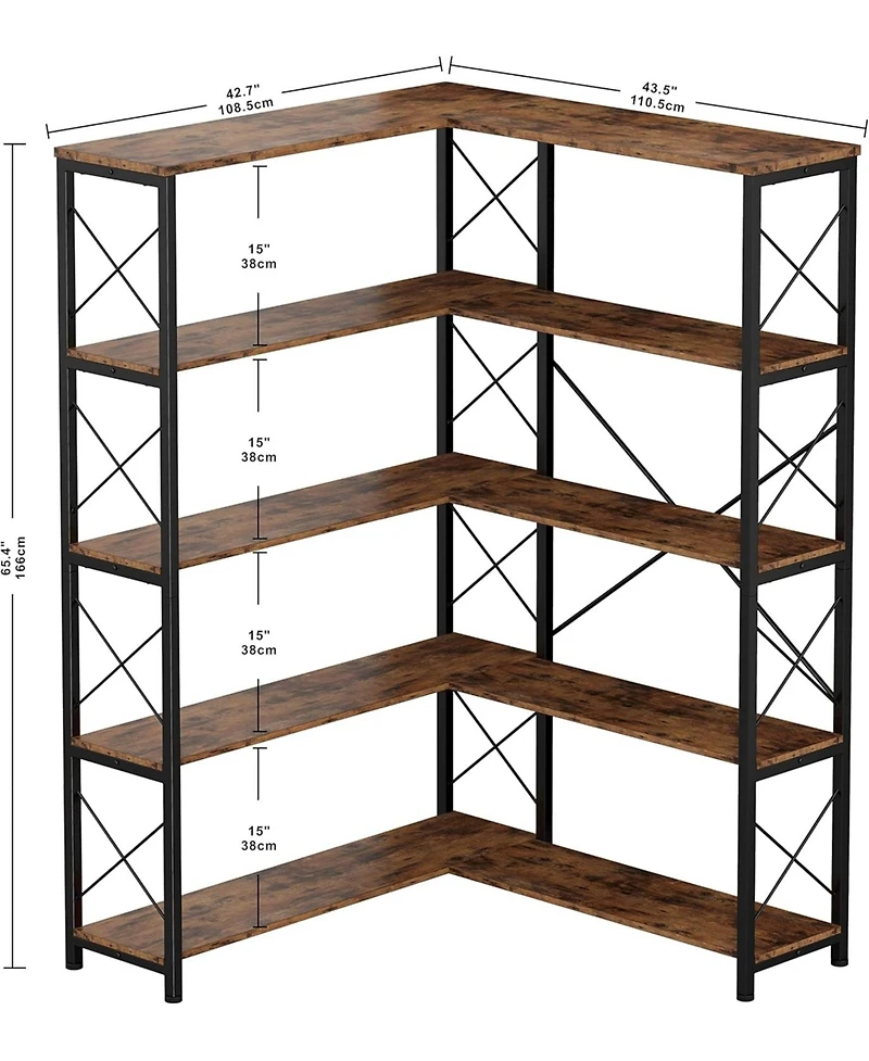 5-Shelf Corner Bookcase, Vintage Industrial Corner Bookshelf Etagere