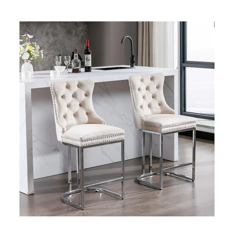 Set of 2 Velvet Counter Height Stools, 25.2" Kitchen Island Chairs with Button Tufted Back, Rivet Trim and Chrome Metal Base -The Pop Home
