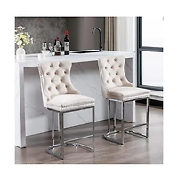 Set of 2 Velvet Counter Height Stools, 25.2" Kitchen Island Chairs with Button Tufted Back, Rivet Trim and Chrome Metal Base -The Pop Home