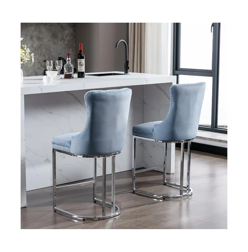 Set of 2 Velvet Counter Height Stools, 25.2" Kitchen Island Chairs with Button Tufted Back, Rivet Trim and Chrome Metal Base -The Pop Home