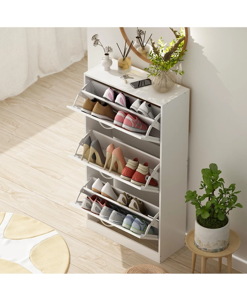 Wooden 3-door white shoe cabinet, shutter door drawers