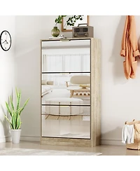 Wooden 3-door natural shoe cabinet,Mirror door panel, multi-purpose shoe rack with metal handles