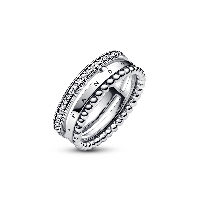 Pandora Sterling Silver Signature Logo Pave and Beads Ring