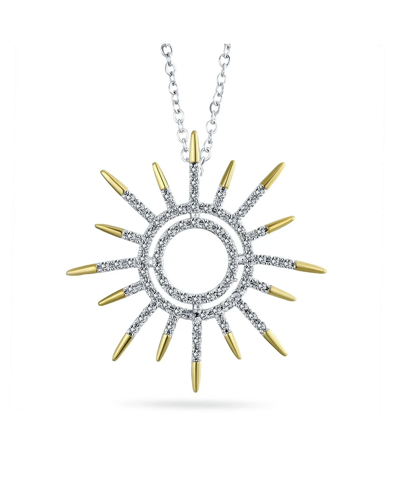 Bling Jewelry Summer Flaming Sunshine Two Tone Micro Pave Cz Starburst Celestial Sunburst Pendant Necklace 14K Gold Brass