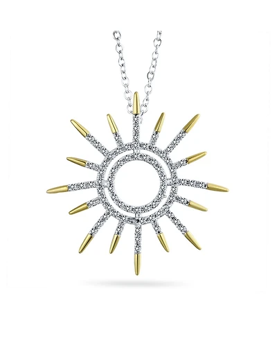 Bling Jewelry Summer Flaming Sunshine Two Tone Micro Pave Cz Starburst Celestial Sunburst Pendant Necklace 14K Gold Brass