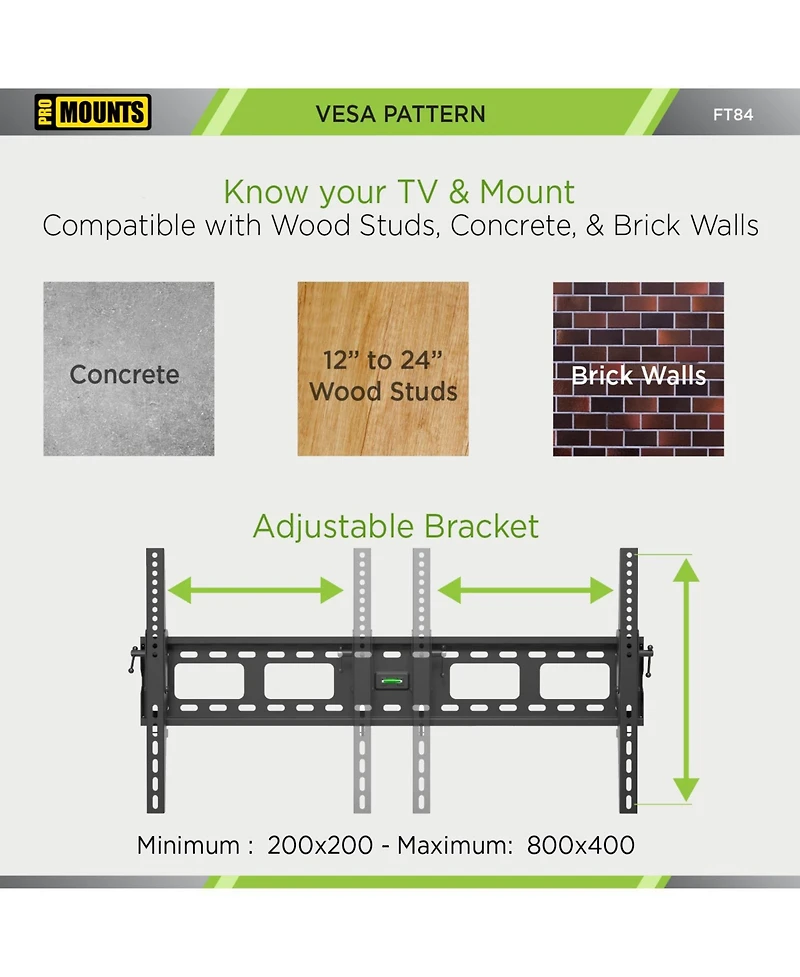 ProMounts Tilting Tv Wall Mount For 50" to 92" TVs Holds Up to 165lbs