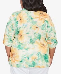 Alfred Dunner Plus Rise and Shine Watercolor Floral Tie Sleeve Button Down Top