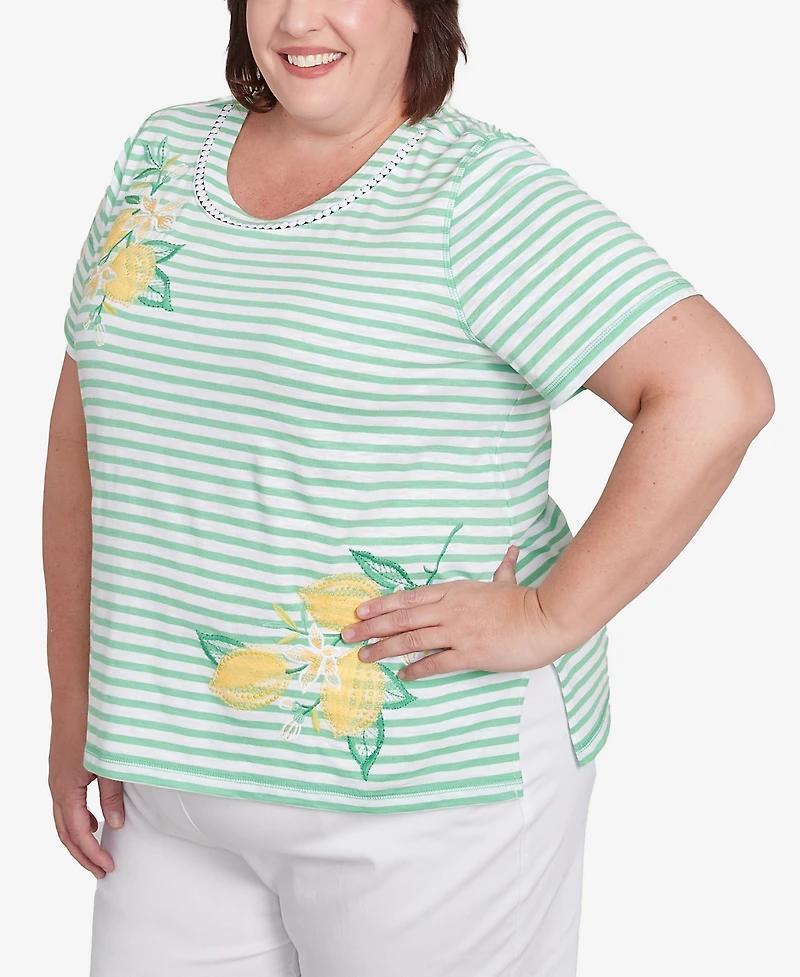 Alfred Dunner Plus Rise and Shine Lemon Printed Striped Top